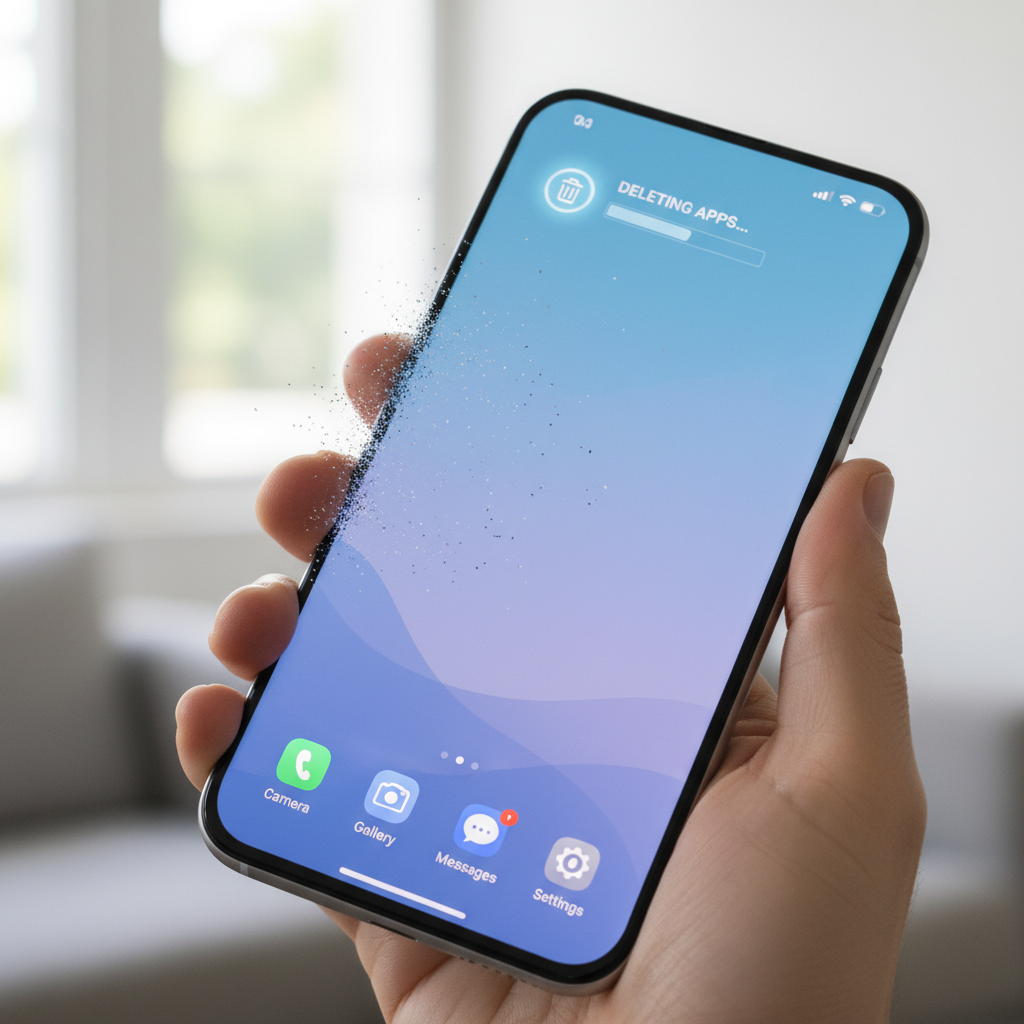 Smartphone displaying a progress bar labeled Deleting Apps with app icons at the bottom