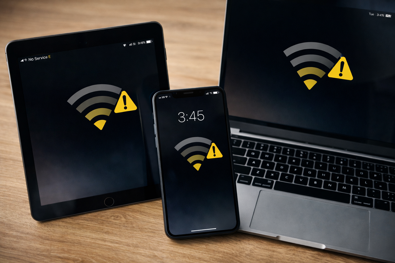 Tablet, smartphone, and laptop screens displaying a low Wi-Fi signal icon with an exclamation warning symbol
